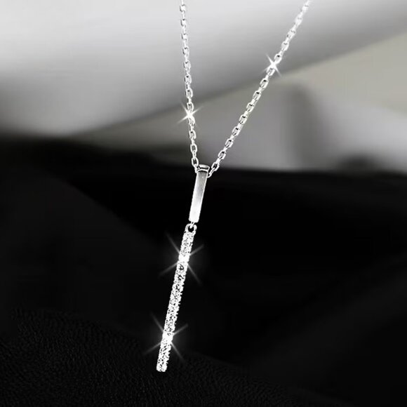 Necklace Sterling Silver Long Cubic Zirconia Oblong Pendent w/Square Settings - Picture 5 of 6